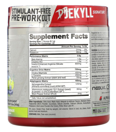 Dr. Jekyll Signature مكمل غذائي قبل التمرينات خالي من المنبهات، بنكهة توت أزرق وليمون، 8.5 أونصة (243 جم)  من متجر روزا في فلسطين
